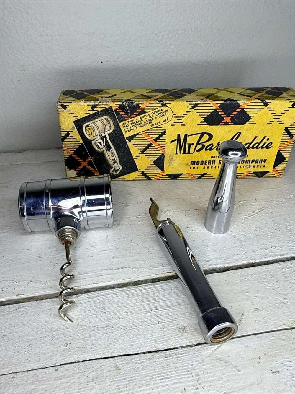 Vintage Mr. Bar Laddie Jr. Jigger, Ice Hammer, Bottle Opener, Corkscrew with box
